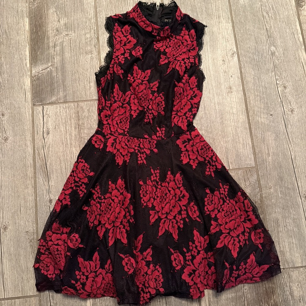 City Studio Dress Jr 3 Black Red Floral Lace Mock Neck Fit Flare Cocktail 0012